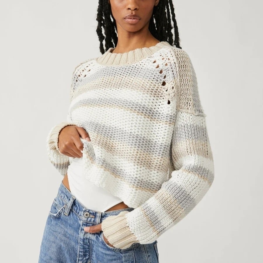 🌸Free People Cream and Tan Knit Sweater